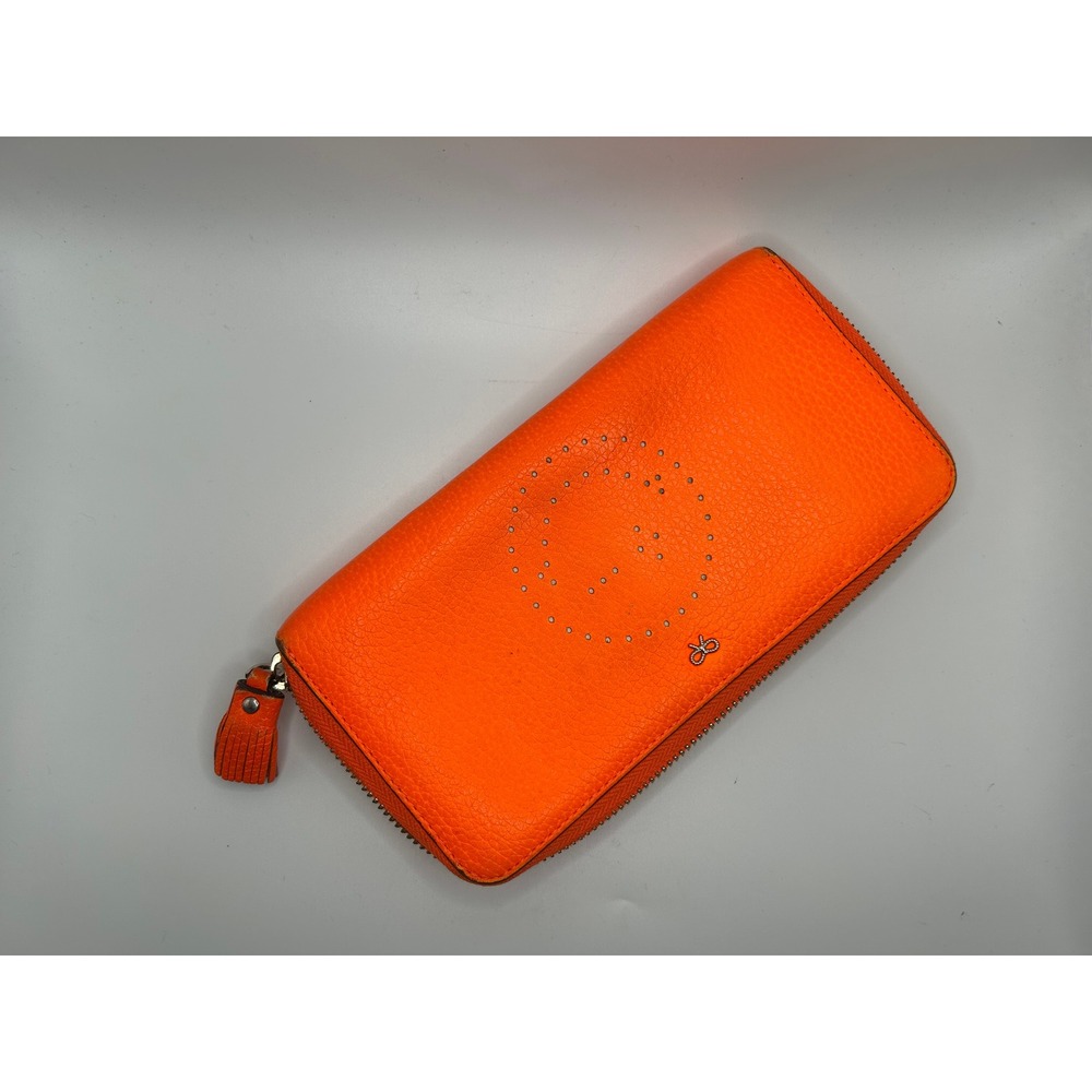 Anya Hindmarch Smiley Wink Neon Orange Pebbled Leather Zip Tassel Wallet#468 - Picture 6 of 10